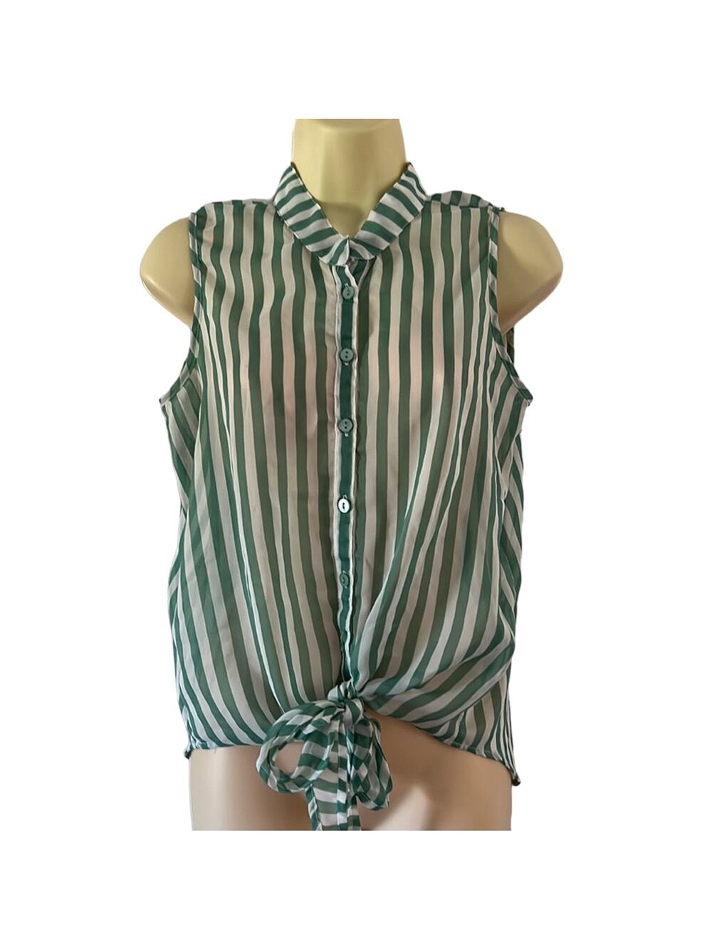 Passport Green & White Striped Chiffon Blouse Sheer Size Large Summer